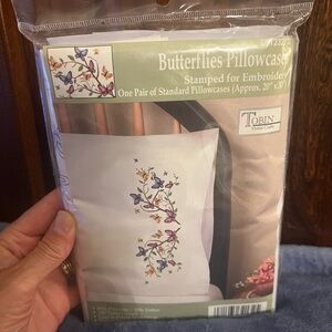 Robin Butterflies Pillowcases Stamped for Embroidery, 1 pair, 20” x 30”, new